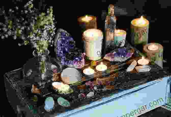 A Beautiful Wicca Altar Adorned With Candles, Crystals, And Sacred Objects. Wicca: The Magic Starter Kit This Includes: Wicca Altar Wicca Candle Magic Wicca Of Spells Wicca Supplies