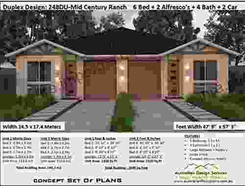 Duplex Design: 248DU Mid Century Ranch 6 Bedroom 4 Bathrooms Dual Family House Plans: Full Architectural Concept Home Plans includes detailed floor plan (Duplex Designs Floor Plans 2485)